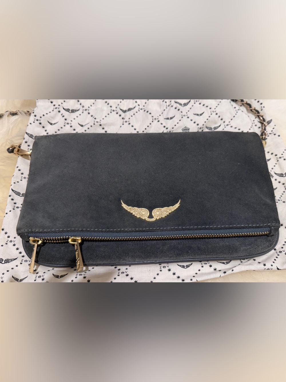 Zadig & Voltaire Duo Wings Black Suede Crossbody Bag Gold Chain